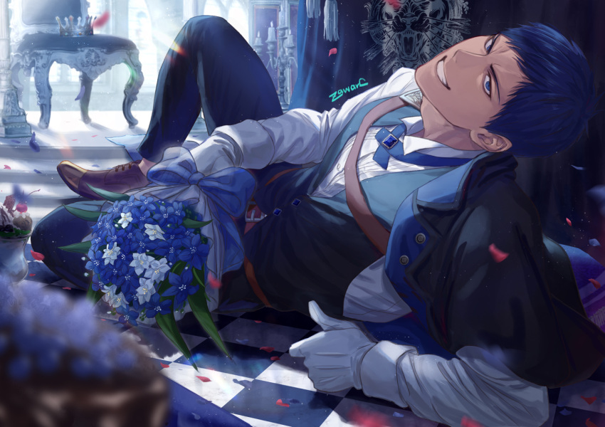 1boy aomine_daiki artist_name belt blue_coat blue_eyes blue_flower blue_hair blue_pants blue_vest boots bouquet brown_footwear buttons candle checkered_floor cherry chocolate chocolate_syrup coat commentary_request crown cup dark-skinned_male dark_skin dress_shirt drink drinking_glass flower food fruit glass gloves grin head_tilt holding holding_bouquet indoors kuroko_no_basuke long_sleeves looking_at_viewer male_focus on_floor one_knee pants petals shirt short_hair smile solo throne vest whipped_cream white_flower white_gloves white_shirt zawar379