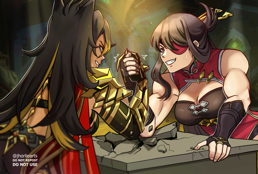 2girls absurdres arm_armor arm_wrestling beidou_(genshin_impact) biceps black_gloves black_hair blue_eyes breasts brown_hair chinese_clothes claws cleavage clenched_teeth dark-skinned_female dark_skin dehya_(genshin_impact) english_commentary eyepatch fingerless_gloves genshin_impact gloves hair_ornament hair_stick highres jhorliearts long_hair looking_at_another multiple_girls muscular muscular_female red_eyes sweatdrop teeth twitter_username