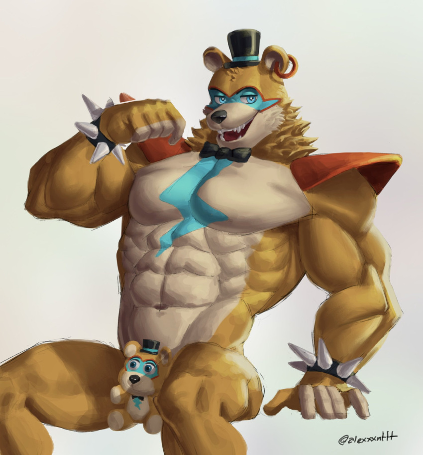 5_fingers abs alexxxnttt anthro athletic biceps black_nose blue_eyes bow_(feature) bow_tie bracelet clothing covering covering_crotch ear_piercing ear_ring fingers five_nights_at_freddy's five_nights_at_freddy's:_security_breach flexing freddy_(fnaf) fur glamrock_freddy_(fnaf) hair hat headgear headwear hi_res jewelry leg_muscles light_body light_fur male mammal markings muscular muscular_anthro muscular_male nude open_mouth orange_body orange_fur pecs piercing plushie pose ring_piercing scottgames sharp_teeth shoulder_pads simple_background sitting solo spiked_bracelet spikes teeth top_hat triceps ursid video_games watermark white_background