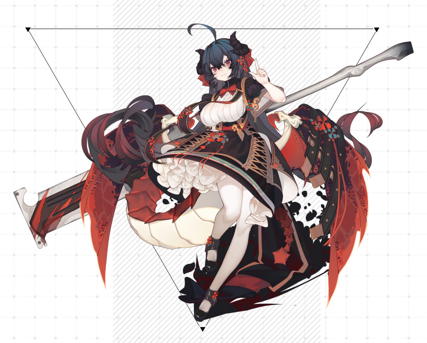 1girl ahoge black_dress black_footwear black_hair black_horns blood blood_on_weapon bow bowtie breasts cross-laced_clothes cross-laced_dress dragon_girl dragon_horns dragon_tail dragon_wings dress full_body gradient_hair hand_up highres horns index_finger_raised large_breasts layered_dress long_hair looking_at_viewer low_wings multicolored_hair original pantyhose petticoat rain_lan red_bow red_bowtie red_eyes red_hair red_wings short_sleeves slit_pupils solo tail turtleneck two-tone_hair very_long_hair weapon weapon_on_back weapon_request white_background white_pantyhose wide_sleeves wings