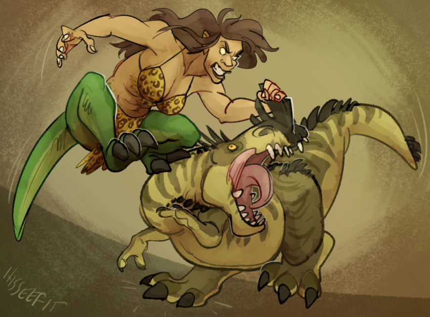 3_toes angry back_spikes big_breasts black_claws black_horn breasts brown_hair claws clenched_teeth clothed clothing digital_media_(artwork) dinosaur duo eyebrows feet female feral fight green_body green_tail gunthlus_(imperatorcaesar) hair hisseefit horn horn_grab humanoid humanoid_pointy_ears larger_male long_hair male mammal markings motion_lines muscular muscular_female muscular_humanoid nails open_mouth pattern_clothing pattern_topwear pink_tongue reptile ruth_(binturongboy) scale_markings scales scalie scar sharp_claws sharp_teeth simple_background size_difference spiked_tail spikes spikes_(anatomy) spots spotted_clothing spotted_topwear striped_body stripes tan_body tan_scales teeth toes tongue topwear unknown_species violence white_background wide_eyed