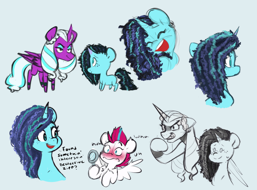 absurd_res afro blue_body blue_eyes blue_hair blush chibi chub-wub english_text equid equine eyelashes female feral freckled freckles grin hair hasbro hi_res holding_object horn mammal misty_(g5) mlp_g5 my_little_pony opaline_(mlp) pegasus pink_hair purple_body sharp_teeth simple_background smile spread_wings teeth text unicorn white_body white_hair winged_unicorn wings zipp_storm_(mlp)