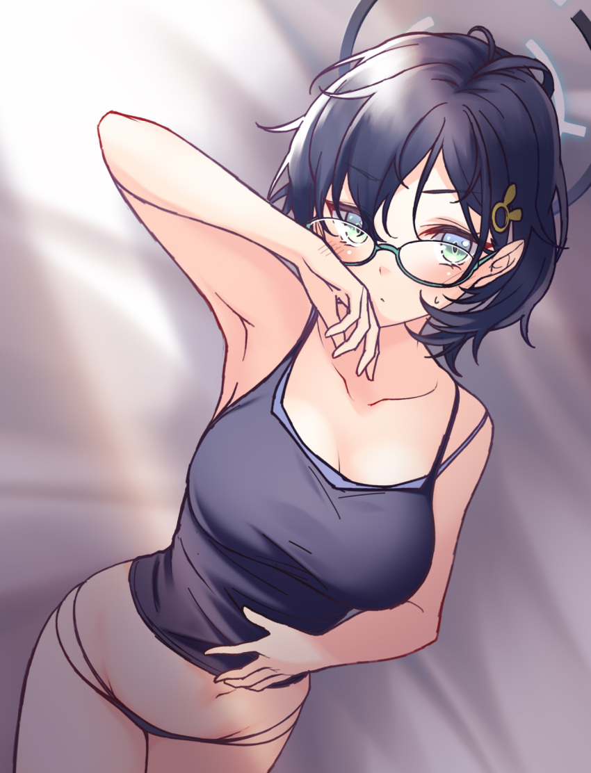 1girl blue_archive blush breasts bunny_hair_ornament chihiro_(blue_archive) collarbone glasses green_eyes hair_ornament hairclip halo hand_on_own_stomach highres looking_at_viewer midorino_eni short_hair