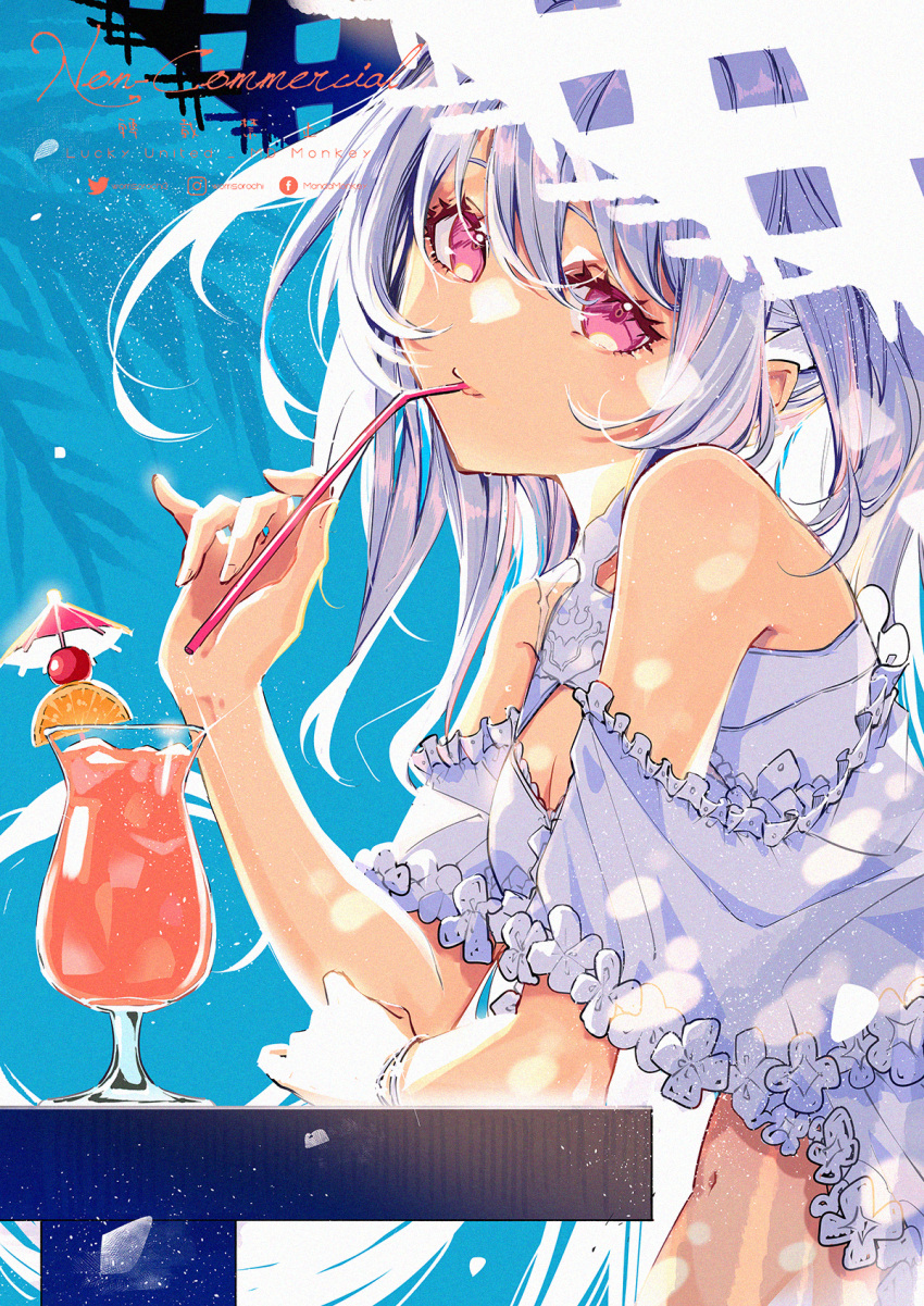 1girl albino bikini blue_background bracelet drinking_straw fate/grand_order fate_(series) frills hat highres holding holding_drinking_straw jewelry lady_avalon_(fate) lady_avalon_(second_ascension)_(fate) long_hair looking_at_viewer merlin_(fate/prototype) red_eyes solo sun_hat swimsuit table tropical_drink twitter_username upper_body white_bikini white_hair worrisorochi