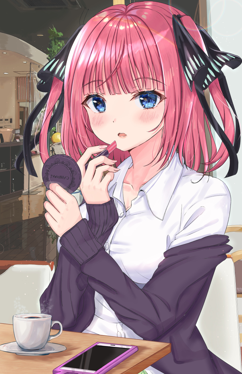 1girl absurdres applying_makeup bangs black_ribbon blue_eyes blunt_bangs blush breasts butterfly_hair_ornament cafe cardigan cellphone cleavage collarbone cup go-toubun_no_hanayome hair_ornament highres holding holding_mirror indoors large_breasts lipstick looking_at_viewer makeup mirror nakano_nino off_shoulder open_cardigan open_clothes parted_lips phone pink_hair purple_cardigan rain_sunny raised_eyebrows ribbon shirt sleeves_past_wrists smartphone table twintails white_shirt