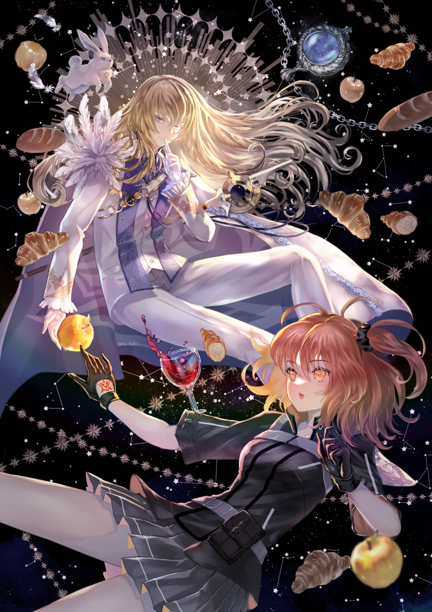 1boy 1girl absurdres ahoge alcohol animal apple baguette bangs black_background black_gloves black_jacket black_scrunchie blonde_hair bread breasts cape chain closed_mouth command_spell commentary_request constellation croissant cup drinking_glass fate/grand_order fate_(series) feather_trim finger_to_mouth floating floating_hair floating_object food frilled_sleeves frills fruit fujimaru_ritsuka_(female) fujimaru_ritsuka_(female)_(polar_chaldea_uniform) gloves golden_apple grey_skirt hair_between_eyes hair_ornament hair_scrunchie highres index_finger_raised jacket kirschtaria_wodime long_hair long_sleeves looking_at_viewer looking_away medium_breasts miniskirt natsujiru open_mouth orange_hair pants pleated_skirt ponytail purple_eyes rabbit scrunchie short_hair short_sleeves side_ponytail signature skirt smile staff star_(sky) uniform very_long_hair white_cape white_gloves white_jacket white_pants wine wine_glass yellow_eyes