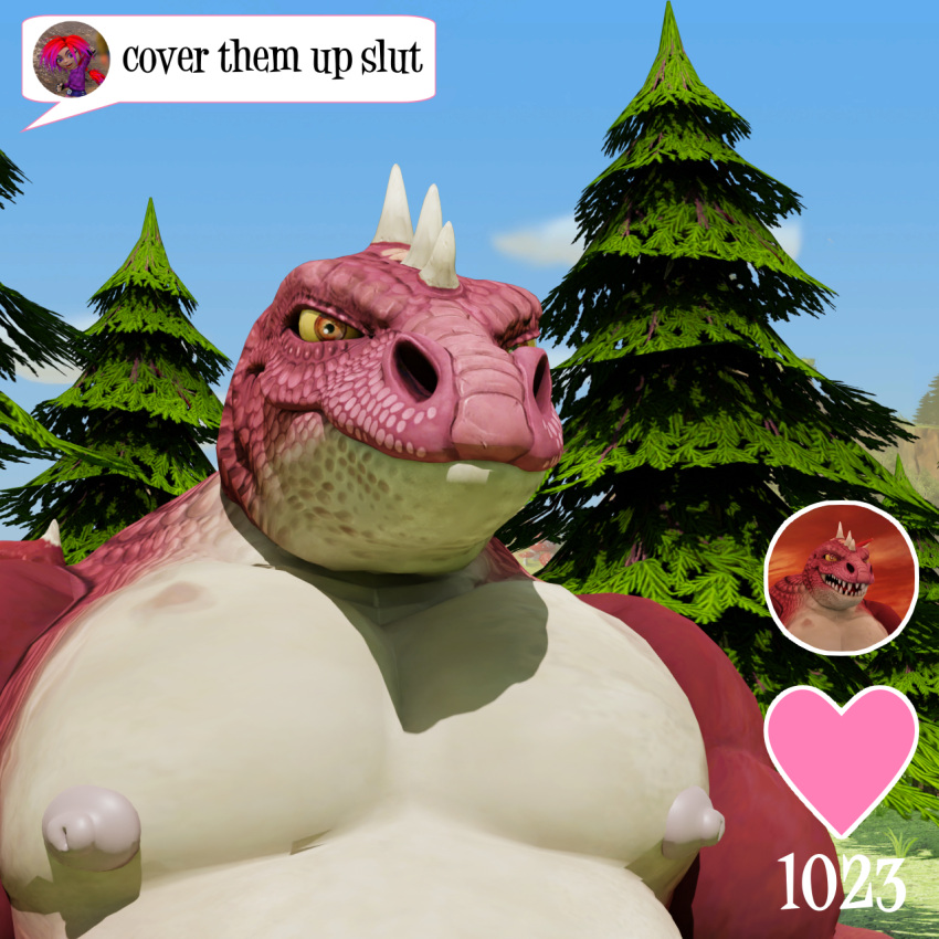 &lt;3 albalbalb anthro barazoku cover_them_up_slut dragon dream fir_tree forest giana_(giana_sisters) giana_sisters grass gurglewocky_(giana_sisters) hi_res icon looking_at_viewer male meme musclegut nipples outside pecs plant punk shirtless solo speech_bubble tree world