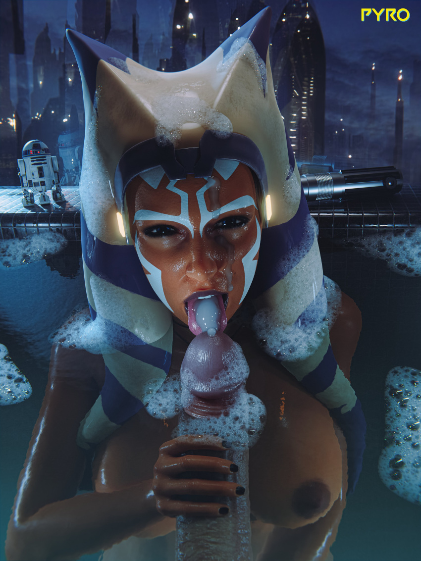 2022 3d_(artwork) absurd_res ahsoka_tano alien alien_humanoid areola astromech_droid bath big_penis blue_eyes bodily_fluids breasts clone_wars cum cum_in_mouth cum_inside cum_on_face cum_on_tongue digital_media_(artwork) droid facial_markings female female_focus foam genital_fluids genitals glistening glistening_body glistening_skin head_markings hi_res holding_penis human humanoid lekku_(anatomy) licking lightsaber looking_at_viewer machine male male/female mammal markings melee_weapon night nipples not_furry nsfw_pyro nude open_mouth oral orange_body orange_skin penile penis penis_lick r2-d2 robot sex star_wars togruta tongue tongue_out water weapon wet