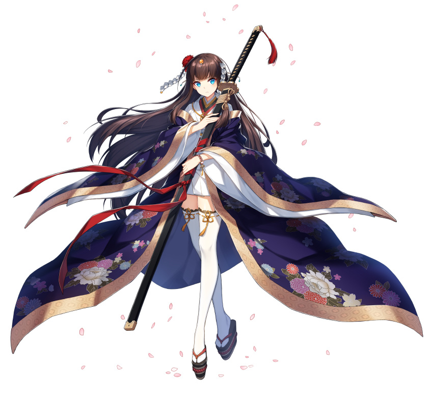 1girl absurdres blue_eyes brown_hair counter:side floral_print hair_ornament highres japanese_clothes long_hair looking_at_viewer nanahara_chinatsu official_art petals sandals solo sword tachi-e thighhighs transparent_background weapon