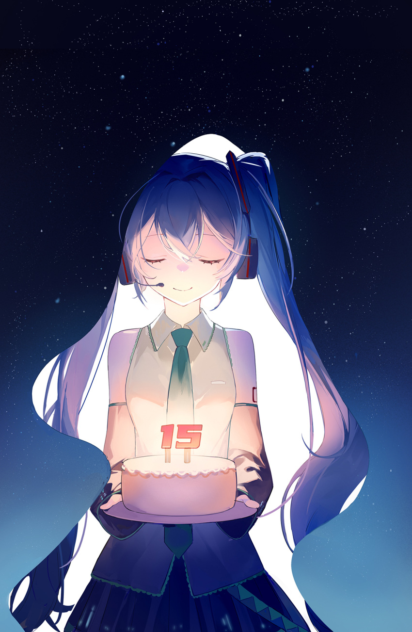 1girl aqua_necktie bare_shoulders belt birthday_cake black_skirt black_sleeves blue_hair blue_sky breasts cake candle candlelight closed_eyes closed_mouth collared_shirt darkness detached_sleeves dot_nose double_exposure eyelashes facing_viewer food gradient gradient_sky hair_between_eyes happy hatsune_miku headset highres holding holding_plate kotoba_(610430468) light long_hair loose_belt necktie night night_sky plate pleated_skirt shirt shoulder_tattoo sidelocks simple_background skirt sky sleeveless sleeveless_shirt small_breasts smile solo star_(sky) starry_sky tattoo twintails under_covers very_long_hair vocaloid whipped_cream white_background white_shirt wide_sleeves