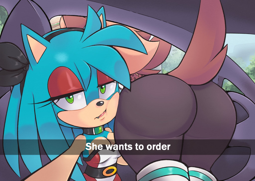 2022 accessory annoyed anthro ass_up bent_over big_butt blue_hair breasts butt caption car choker cleavage clothed clothing countershading drive-thru duo eulipotyphlan eyeshadow face_squish fan_character fangs female green_eyes hair hair_accessory hairband he_wants_to_order hedgehog hi_res hilda_the_hyena hildahyena huge_butt hyaenid jewelry legwear makeup mammal necklace purity_the_hedgehog raised_tail red_eyeshadow sega selfie sonic_the_hedgehog_(series) squish thick_thighs tights vehicle wide_hips
