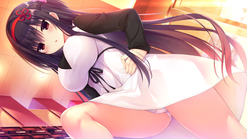 1girl :o bangs black_hair blush braid breasts ceiling french_braid from_below game_cg hairband hamidashi_creative hand_on_hip highres kamakura_shio knee_up large_breasts long_hair non-web_source official_art panties pantyshot photoshop_(medium) red_eyes solo underwear utsunomiya_tsumire white_panties window