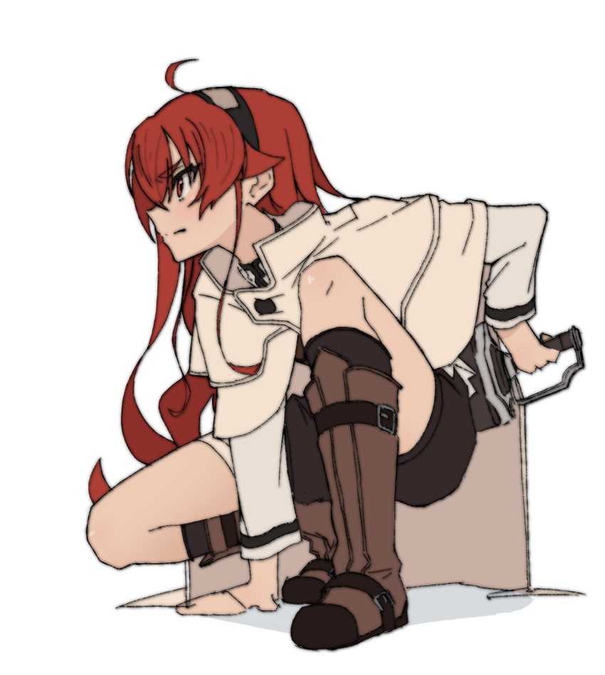 1girl bangs black_hairband black_shorts black_socks boots brown_footwear capelet closed_mouth eris_greyrat hair_between_eyes hairband highres holding holding_weapon kazakura_(kazakura_js) kneehighs long_hair long_sleeves mushoku_tensei profile red_eyes red_hair shorts simple_background socks solo weapon weapon_on_back white_background