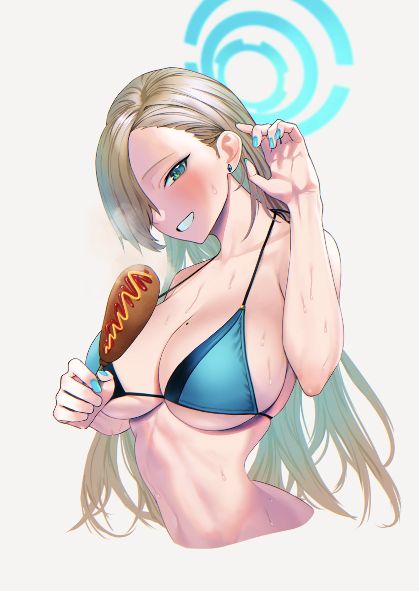 1girl absurdres arm_up asuna_(blue_archive) bangs bare_arms bare_shoulders bikini blue_archive blue_bikini blush breasts commentary_request detached_collar food grin hair_over_one_eye halo hands_up highres holding holding_food hot_dog kazane-wind large_breasts light_brown_hair long_hair looking_at_viewer nail_polish navel smile solo string_bikini sweat swimsuit upper_body