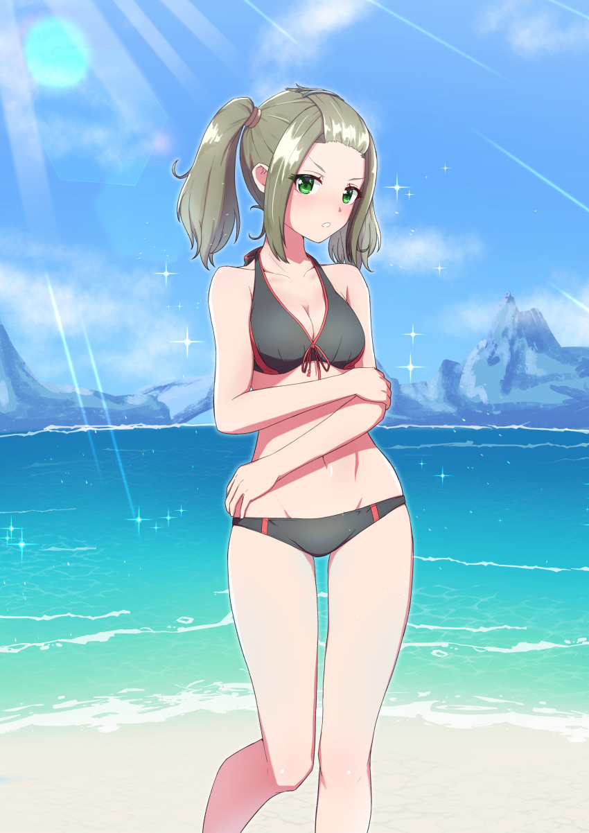 1girl absurdres beach bikini black_bikini blush breasts brown_hair cleavage day feet_out_of_frame green_eyes groin highres kamidan looking_at_viewer medium_breasts medium_hair outdoors parted_lips shania_(xenoblade) solo swimsuit twintails xenoblade_chronicles_(series) xenoblade_chronicles_3