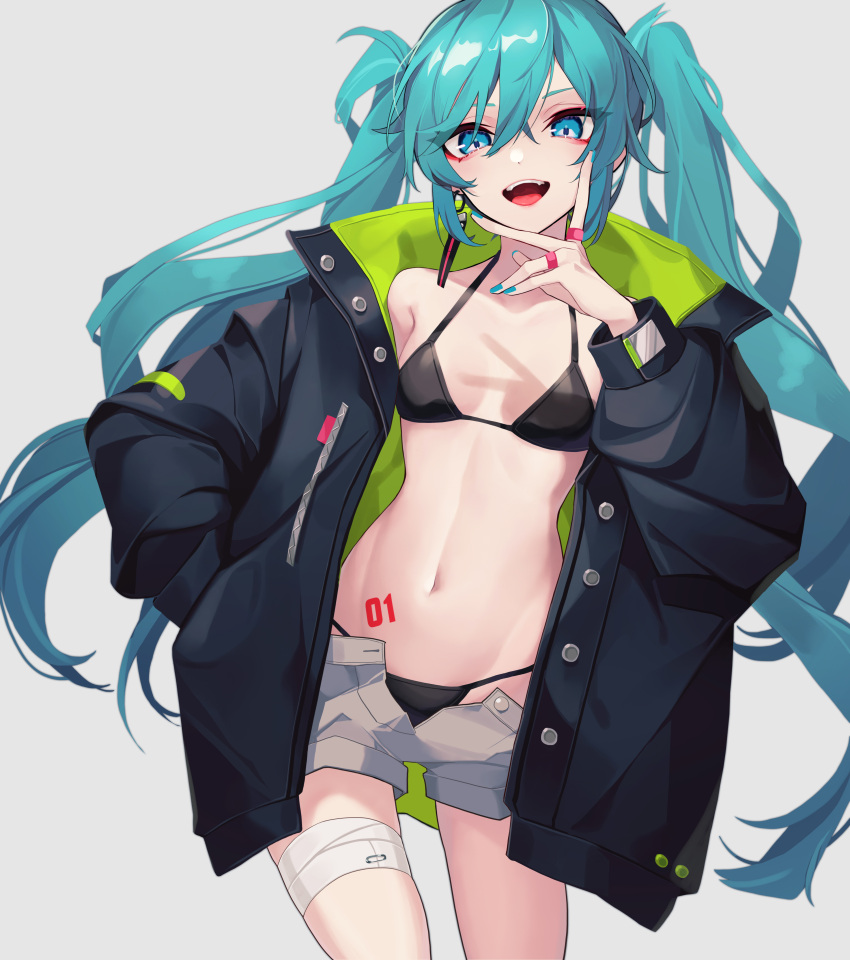 1girl absurdres aqua_eyes aqua_hair aqua_nails bandaged_leg bandages bikini bikini_under_clothes breasts breasts_apart contrapposto cowboy_shot earrings eyeshadow fang hair_between_eyes haisoufx hand_in_pocket hand_up hatsune_miku highres jacket jewelry long_hair looking_at_viewer makeup navel off_shoulder open_clothes open_fly open_jacket open_mouth ring short_shorts shorts simple_background smile swimsuit twintails v_over_mouth very_long_hair vocaloid wide_hips