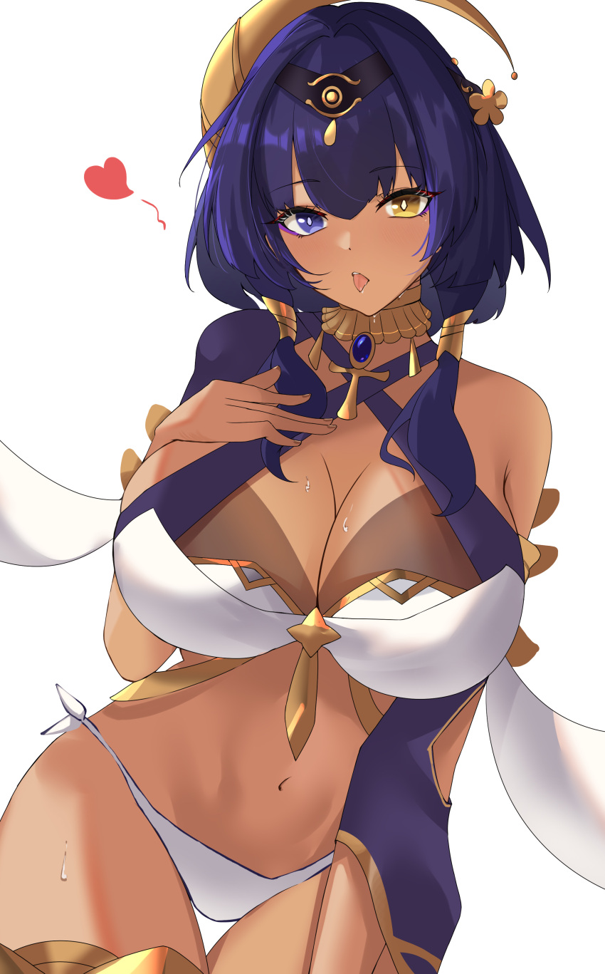 1girl absurdres bangs bare_shoulders bikini blue_eyes blue_hair breasts candace_(genshin_impact) cleavage dark-skinned_female dark_skin genshin_impact hair_ornament hairband heterochromia highres jewelry looking_at_viewer medium_breasts medium_hair musicatopos navel neck_ring sidelocks solo swimsuit thighlet thighs white_bikini yellow_eyes