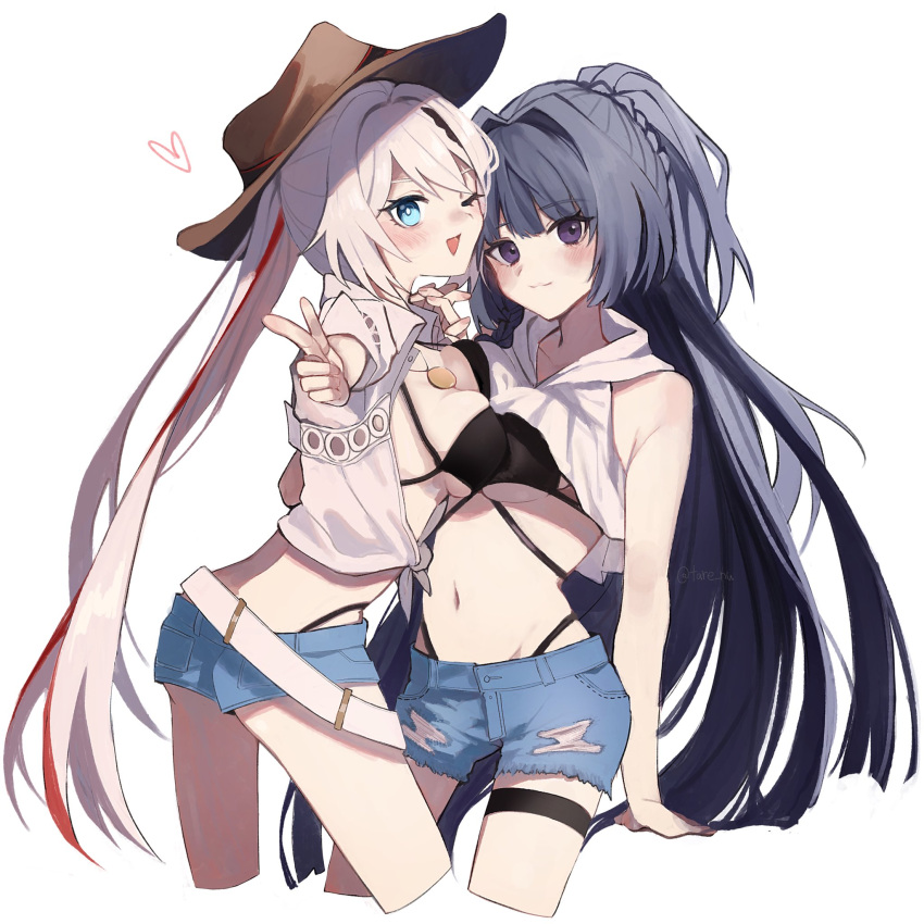 2girls ;d bare_arms bare_shoulders bikini bikini_under_clothes black_bikini black_hair blue_eyes blue_shorts blush braid breast_press breasts brown_headwear closed_mouth collared_shirt commentary_request copyright_request cowboy_hat crop_top cropped_legs denim denim_shorts dress_shirt finger_gun grey_hair hat heart highres hood hood_down looking_at_viewer medium_breasts multicolored_hair multiple_girls one_eye_closed open_clothes open_shirt purple_eyes red_hair shirt short_shorts short_sleeves shorts shrug_(clothing) smile streaked_hair swimsuit symmetrical_docking tare_(tonikaku_magaru) white_shirt