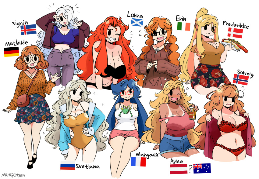 6+girls australian_flag austrian_flag beer_can bikini blonde_hair bra brown_hair can celtic_cross cross danish_flag french_flag german_flag glasses highres hot_dog icelandic_flag irish_flag kermit_the_frog lingerie multiple_girls murgoten norwegian_flag one-piece_swimsuit original panties red_bra red_hair red_panties russian_flag scottish_flag signature skirt swimsuit tan tanlines underwear white_hair