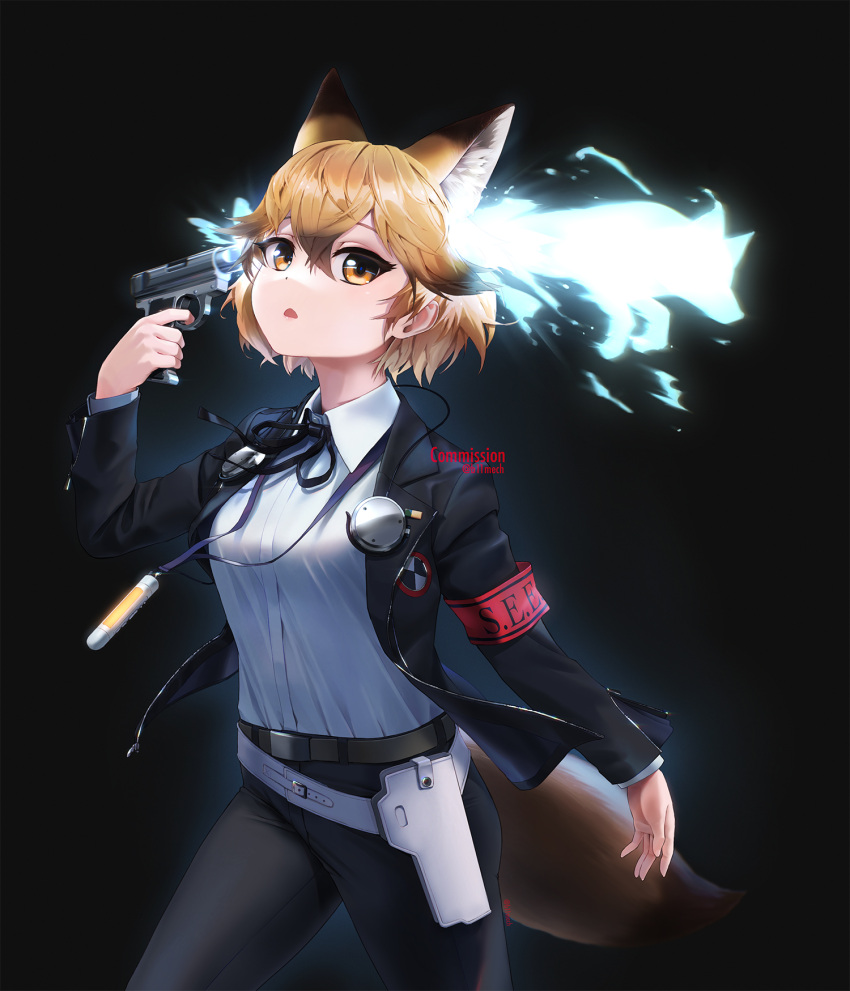 1girl alternate_hair_length alternate_hairstyle animal_ear_fluff animal_ears arm_at_side armband beleven black_hair black_pants blonde_hair collared_shirt commission cosplay cowboy_shot digital_media_player energy extra_ears ezo_red_fox_(kemono_friends) fox_ears fox_girl fox_tail gekkoukan_high_school_uniform gun hair_between_eyes hand_up handgun headphones highres holding holding_gun holding_weapon holster jacket kemono_friends legs_apart long_sleeves looking_at_viewer medium_hair multicolored_hair neck_ribbon open_clothes open_jacket paid_reward_available pants parted_lips persona persona_3 ribbon school_uniform shirt solo tail two-tone_hair watermark weapon white_shirt wing_collar yellow_eyes