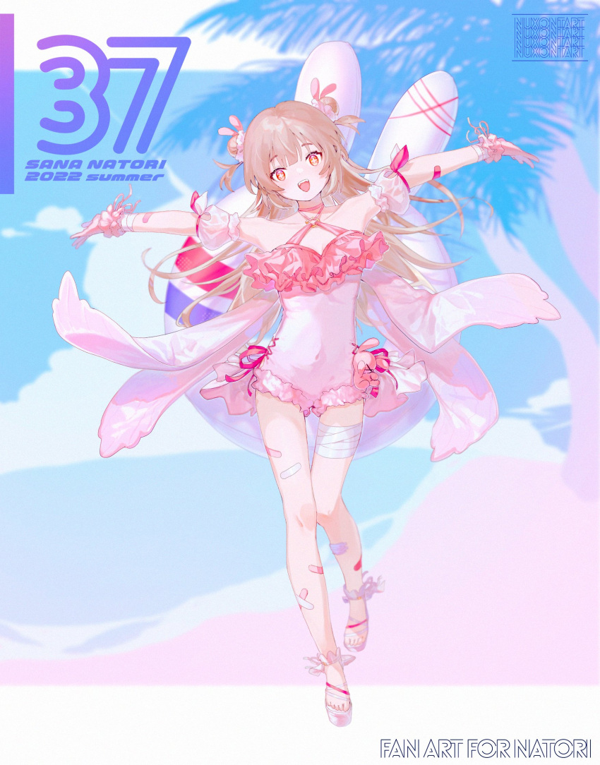 1girl bandaged_arm bandaged_leg bandages bandaid bandaid_on_arm bandaid_on_leg bare_shoulders beach bright_pupils brown_hair character_name cloud cloudy_sky collarbone covered_navel cumulonimbus_cloud double_bun fangs film_grain frilled_swimsuit frills hair_bun highres innertube light_brown_hair long_hair natori_sana nllget open_mouth orange_eyes outdoors palm_tree pink_footwear pink_one-piece_swimsuit pink_scrunchie sana_channel sand scrunchie short_twintails sky smile solo stuffed_animal stuffed_toy swimsuit symbol-shaped_pupils teeth tree twintails upper_teeth virtual_youtuber white_pupils