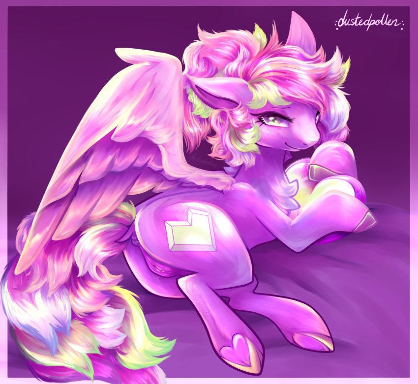 anus dustedpollen equid equine female feral genitals hasbro hi_res hooves horse lying mammal markings my_little_pony pegasus pony presenting pussy smile solo wings