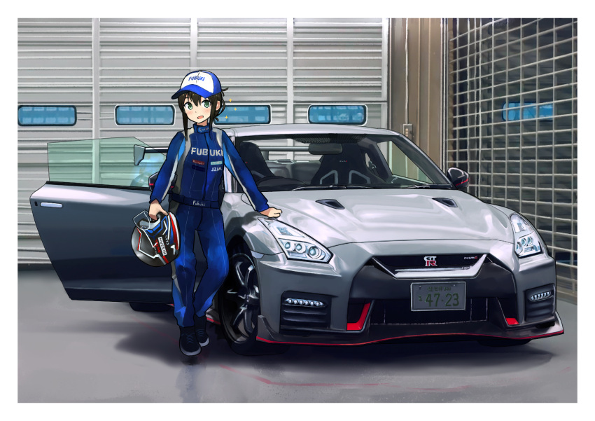 1girl baseball_cap blue_eyes brown_hair car duplicate fubuki_(kancolle) full_body garage gloves ground_vehicle hat headwear_removed helmet helmet_removed highres kantai_collection motor_vehicle pixel-perfect_duplicate short_hair short_ponytail sports_car timmyyen