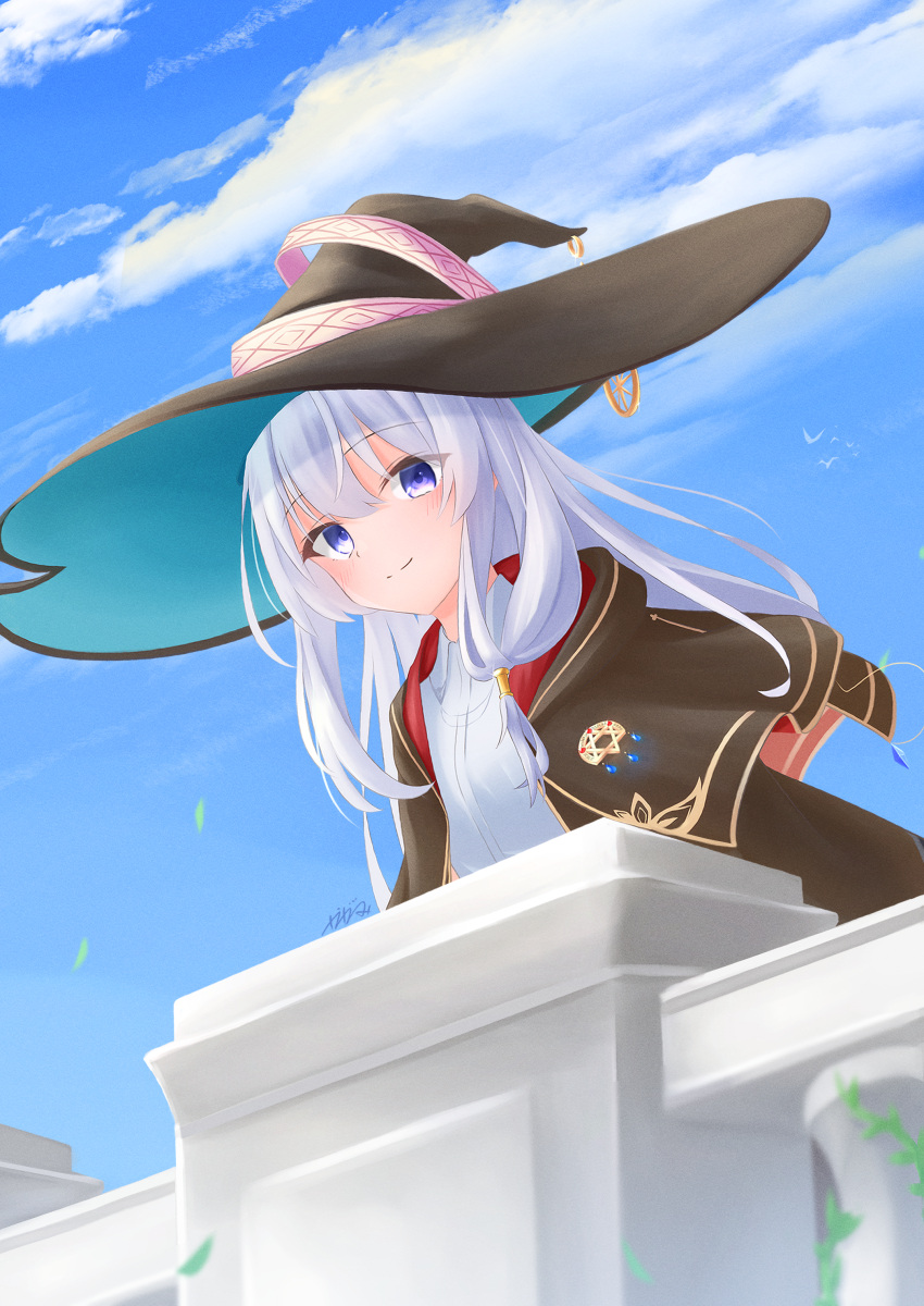 1girl absurdres blue_eyes elaina_(majo_no_tabitabi) grey_hair hat highres kagami16181 majo_no_tabitabi outdoors sky solo witch witch_hat