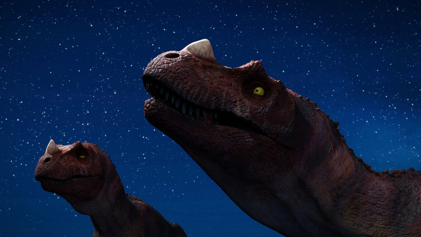 16:9 2022 3d_(artwork) 4k absurd_res ambiguous_gender ceratosaurid ceratosaurus cosmic_background detailed_background digital_media_(artwork) dinosaur duo feral half-closed_eyes hi_res horn ivorylagiacrus looking_at_another looking_at_partner looking_up narrowed_eyes night open_mouth outside red_body red_scales reptile scales scalie sharp_teeth sky star starry_background starry_sky surprised_expression teeth theropod unamused wide_eyed widescreen yellow_eyes