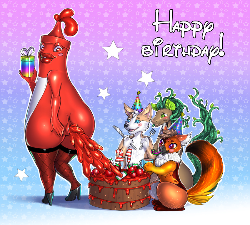 absurd_res anthro anus birthday butt cake canid canine canis clothing dendroponi dessert domestic_cat domestic_dog equid equine feces felid feline felis female feral food food_fetish footwear gift group hat headgear headwear herding_dog hi_res high_heels horse humanoid invalid_tag ketchup laxes legwear male mammal matokiro meatloaf mummie_ketchup natrixstern packets party pastoral_dog pony popper scat stockings tomatoes trio welsh_corgi