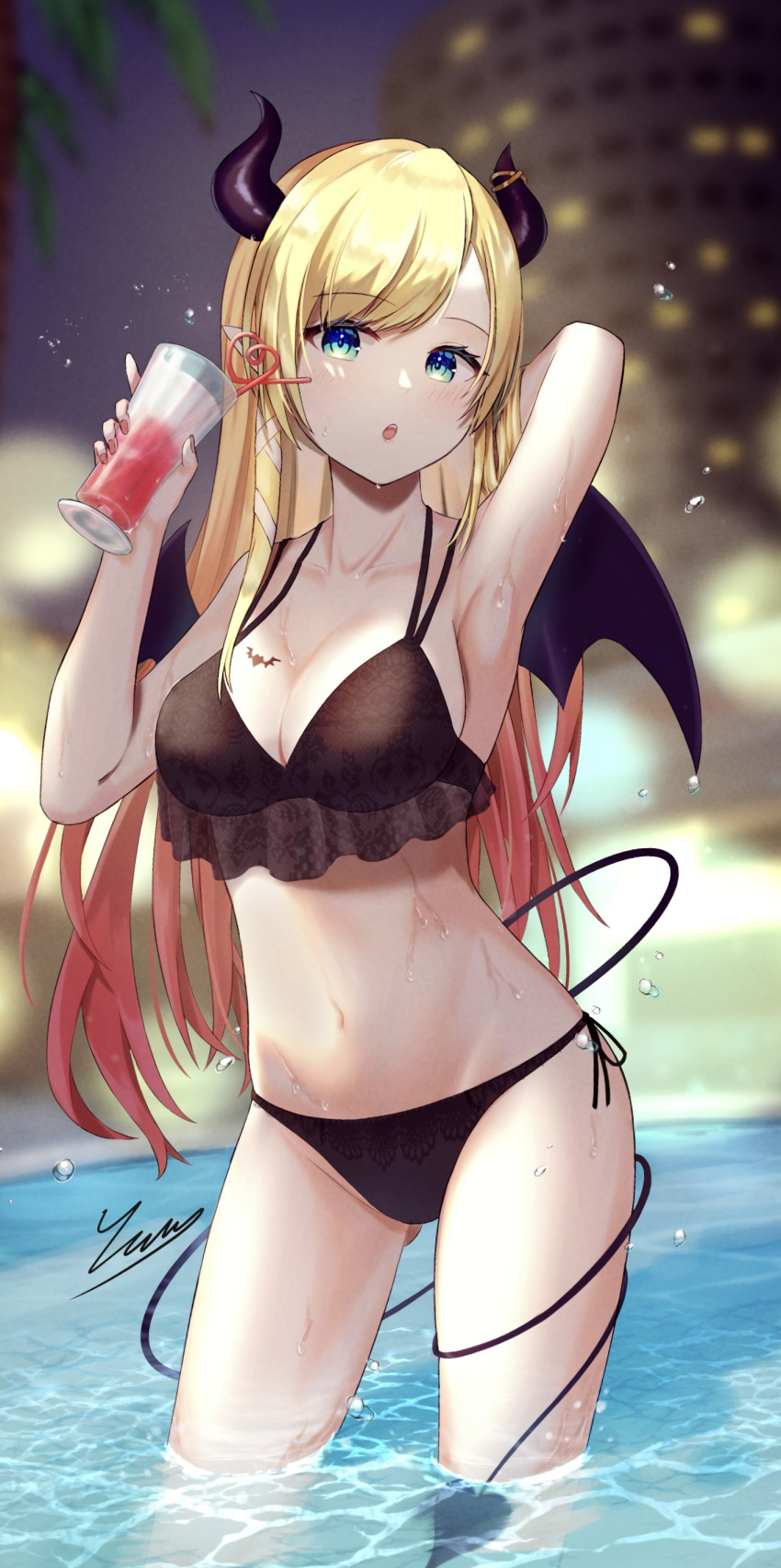 1girl :o absurdres armpits bangs bikini blonde_hair blue_eyes blurry blurry_background blush breast_tattoo breasts building cleavage cup demon_girl demon_horns demon_tail demon_wings green_eyes highres holding holding_cup hololive horns large_breasts long_hair looking_at_viewer nagae_yama navel night pointy_ears pool side-tie_bikini_bottom signature solo swimsuit tail tattoo teeth upper_teeth virtual_youtuber wading water_drop wet wings yuzuki_choco