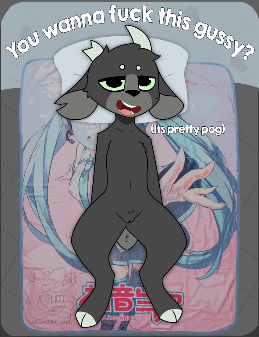 absurd_res anthro bed bedding blanket bovid caprine dialogue digital_drawing_(artwork) digital_media_(artwork) english_text female flat_chested flat_colors fur furniture genitals goat green_eyes grey_body grey_fur hatsune_miku hi_res hooves horizontal_pupils horn lying lying_on_bed macco_(sleepysheepy17) mammal notched_ear nude on_back on_bed open_mouth pillow pink_tongue pupils pussy scut_tail short_tail sleepysheepy17 solo teeth text tongue vocaloid