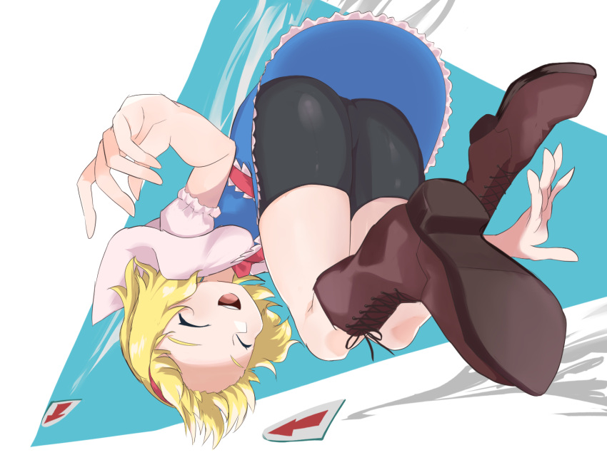 1girl algodoo alice_margatroid arrow_(symbol) ass bangs bent_over bike_shorts black_shorts blonde_hair blue_dress boots brown_footwear capelet closed_eyes commentary_request cookie_(touhou) cross-laced_footwear dress frilled_dress frilled_sash frilled_sleeves frills full_body hairband highres ichigo_(cookie) kanno_(kan_save) open_mouth puffy_short_sleeves puffy_sleeves red_hairband red_sash sash shirt short_sleeves shorts smile solo touhou white_capelet white_shirt