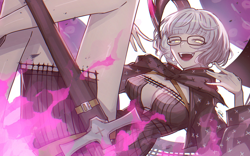 1girl black_dress breasts dress evil_smile fate/grand_order fate_(series) fire glasses grey_hair highres jacques_de_molay_(foreigner)_(fate) medium_breasts purple_fire sheath shityu signature smile sword weapon yellow_eyes