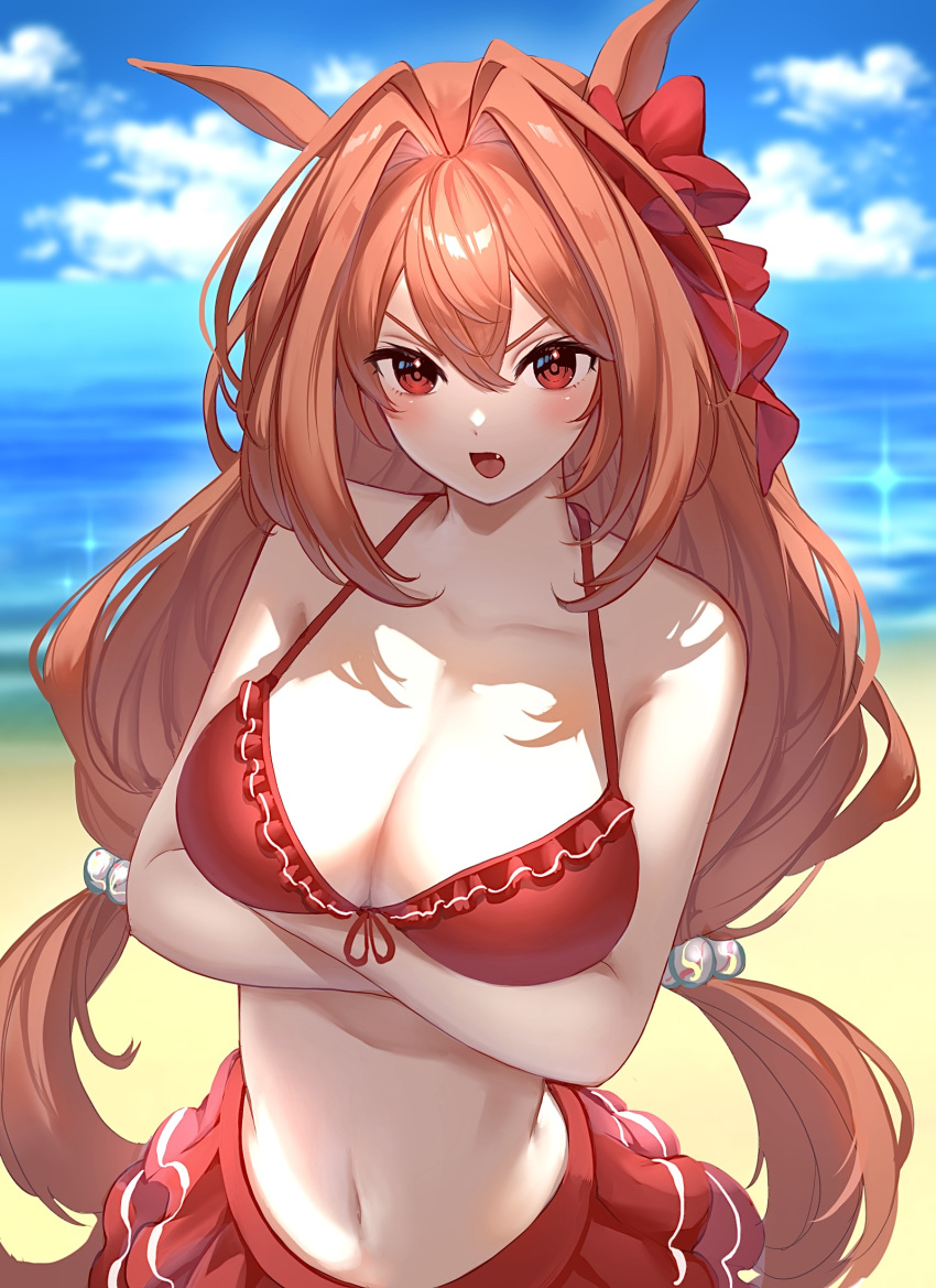 1girl animal_ears beach bikini blue_sky blush breasts brown_hair cleavage cloud collarbone commentary_request crossed_arms daiwa_scarlet_(trifle_vacation)_(umamusume) daiwa_scarlet_(umamusume) day dot_nose fang frilled_bikini frills frown hair_intakes hair_ribbon highres horse_ears horse_girl iwashi_111 large_breasts long_hair navel ocean open_mouth outdoors red_bikini red_eyes revision ribbon sky solo swimsuit twintails umamusume umamusume_summer_story_(umamusume) very_long_hair