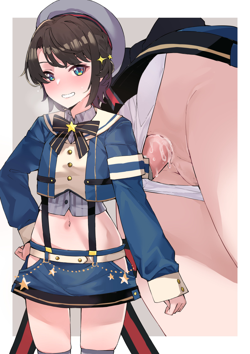 1girl absurdres anal anal_object_insertion aqua_eyes armband ass bangs black_hair blue_jacket blue_skirt blush bow bowtie breasts censored cropped_jacket from_below hair_ornament hairclip hat highres hololive jacket long_sleeves looking_at_viewer mtu_virus multiple_views navel object_insertion oozora_subaru panties pussy short_hair shorts skirt sleeve_cuffs solo standing star_(symbol) steam suspender_shorts suspenders sweat thighhighs thighs underwear upskirt virtual_youtuber white_panties yuukauta