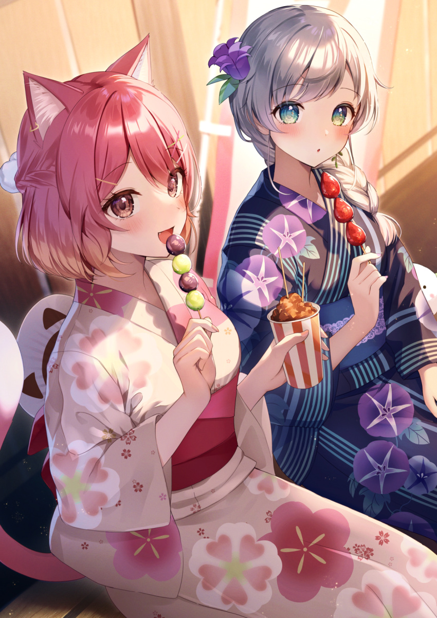2girls :d :o animal_ears black_kimono blush braid brown_eyes cat_ears cat_girl cat_tail commentary_request copyright_request fang floral_print flower food green_eyes grey_hair hair_flower hair_ornament hair_over_shoulder highres holding holding_food japanese_clothes kimono long_hair long_sleeves looking_at_viewer momoshiki_tsubaki multiple_girls obi parted_lips print_kimono purple_flower red_hair sash single_braid sitting smile tail virtual_youtuber white_kimono wide_sleeves yukata