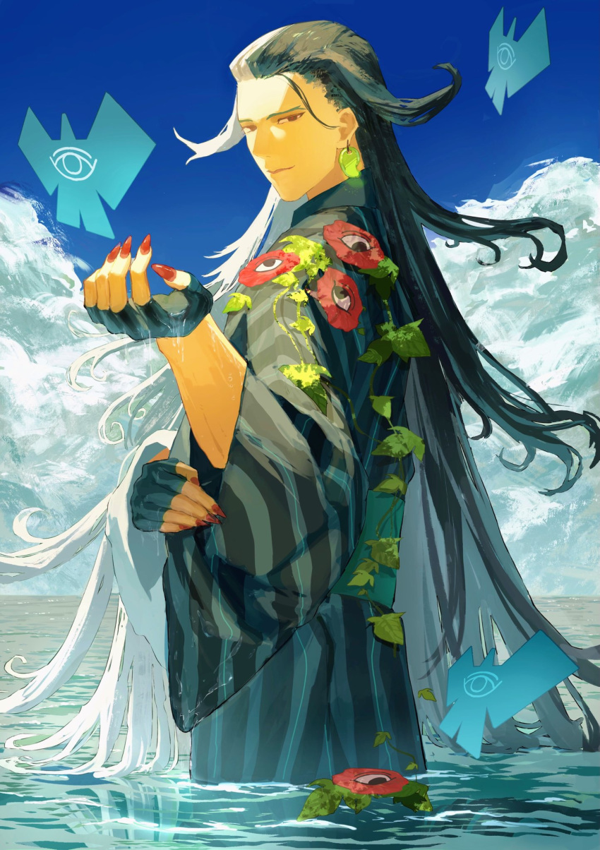 1boy alternate_hairstyle ashiya_douman_(asagao-patterned_yukata)_(fate) ashiya_douman_(fate) asymmetrical_hair black_eyes black_gloves black_hair blue_sky closed_mouth cloud commentary_request curly_hair earrings fate/grand_order fate_(series) fingerless_gloves fingernails flower gloves hair_intakes highres japanese_clothes jewelry kimono long_hair looking_at_viewer looking_to_the_side magatama magatama_earrings male_focus morning_glory multicolored_hair myuzu0711 ocean official_alternate_costume onmyouji red_flower red_nails sharp_fingernails sky skyline smile solo split-color_hair toned toned_male two-tone_hair two-tone_kimono upper_body very_long_fingernails very_long_hair wading water white_hair