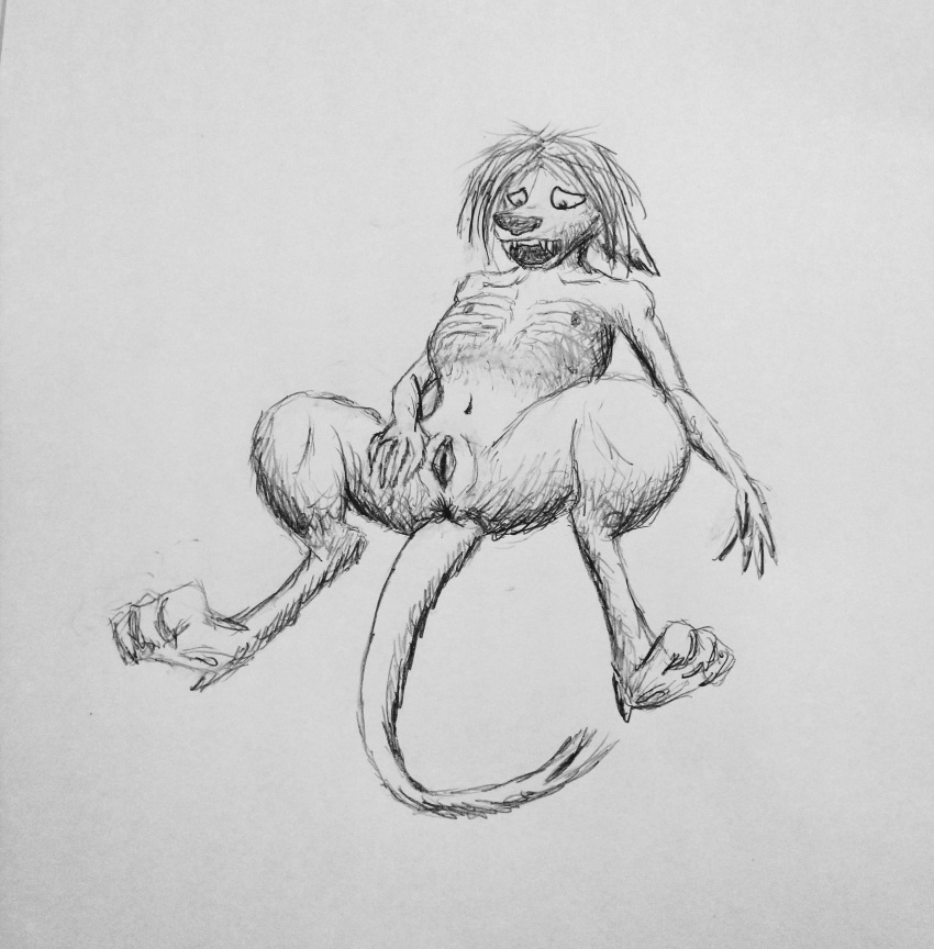 absurd_res anthro anus collarbone cross-hatching digitigrade fangs female feral folded_ears fondling forked_tail genitals graphite_(artwork) hair hatching_(art) hi_res imirok long_tail looking_down looking_pleasured messy_hair navel nipples open_mouth pussy reclining ribs self_fondle shaded sketch skinny slim solo spread_legs spread_pussy spreading talons toe_curl traditional_media_(artwork) unusual_anatomy unusual_tail