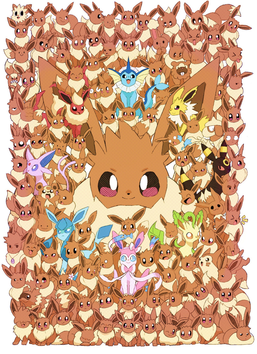 &gt;_&lt; :3 bidoof buneary ditto eevee espeon evolutionary_line flareon furret gary_oak gigantamax gigantamax_eevee glaceon gotcha! hair_over_eyes highres jewelry jolteon leafeon lillipup looking_at_viewer mimikyu necklace no_humans paint pauldrawsart pokemon pokemon_(anime) pokemon_(creature) pokemon_(game) sleeping smeargle smile surprised sylveon tail teddiursa too_many transformed_ditto umbreon vaporeon yungoos zigzagoon