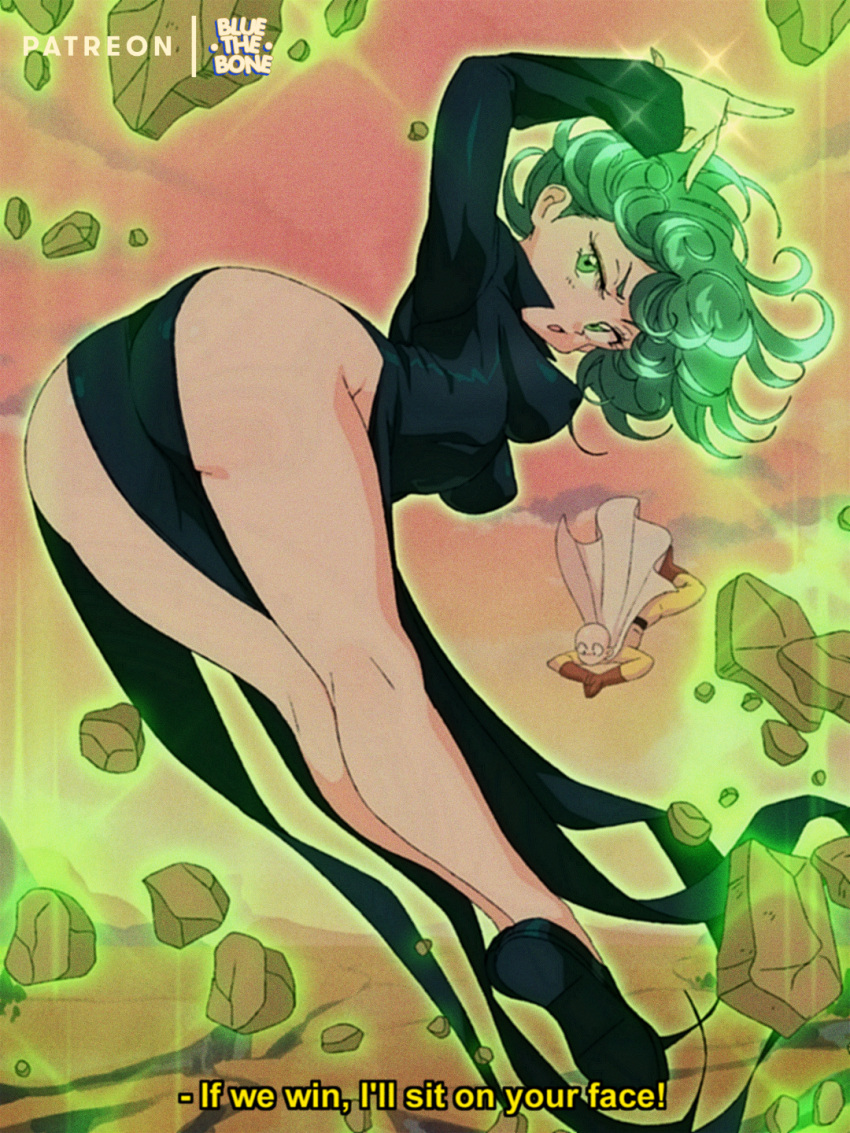 1boy 1girl ass aura bent_over black_dress black_footwear bluethebone breasts commentary dress english_commentary floating_rock from_behind glowing green_eyes green_hair highres impossible_clothes impossible_dress kneepits legs long_sleeves looking_at_viewer looking_back medium_breasts no_panties one-punch_man open_mouth paid_reward_available retro_artstyle saitama_(one-punch_man) shoes side_slit solo_focus sparkle tatsumaki