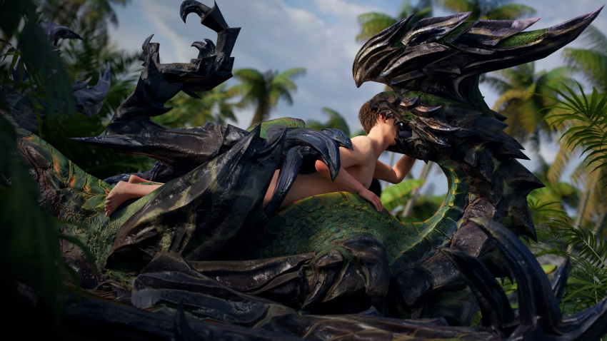 16:9 2022 3d_(artwork) 4k absurd_res ambiguous_gender astalos bestiality black_body black_scales capcom claws detailed_background digital_media_(artwork) dragon duo embrace extreme_french_kiss feral flying_wyvern french_kissing green_body green_scales hair half-closed_eyes hand_on_chest hand_on_head hi_res horn hug human human_on_feral interspecies ivorylagiacrus kissing larger_ambiguous larger_feral looking_pleasured lying male male_(lore) male_on_feral mammal monster_hunter narrowed_eyes nude on_back on_ground on_top open_mouth outside palm_tree plant red_eyes scales scalie sharp_claws size_difference smaller_human smaller_male teeth tongue tongue_out tree video_games widescreen wings wyvern