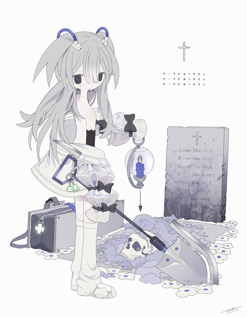 1girl bag bag_removed bangs bare_shoulders black_bow black_eyes black_gloves boots bow candle charm_(object) cross dirty dirty_face elbow_gloves english_text flower from_behind full_body gloves glowing grave grey_hair hair_between_eyes hair_ornament highres holding holding_lantern holding_shovel holding_weapon jacket knee_boots lantern latin_cross long_hair looking_at_viewer looking_back off_shoulder open_clothes open_jacket original outo_eguchi shovel signature simple_background skull sleeves_past_fingers sleeves_past_wrists slit_pupils solo standing tombstone translated two_side_up weapon white_background white_flower white_footwear white_jacket yellow_pupils