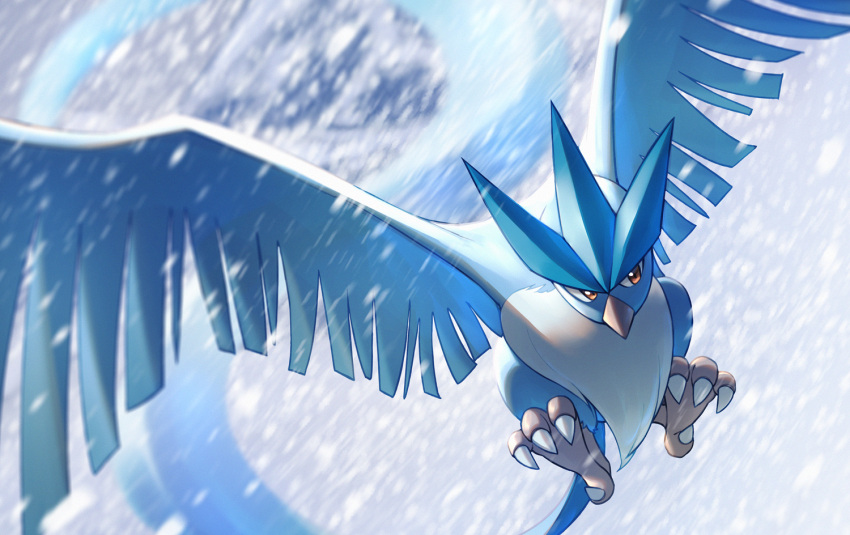 animal_focus articuno bird blizzard brown_eyes commentary_request flying naoki_eguchi no_humans pokemon pokemon_(creature) snowing solo talons