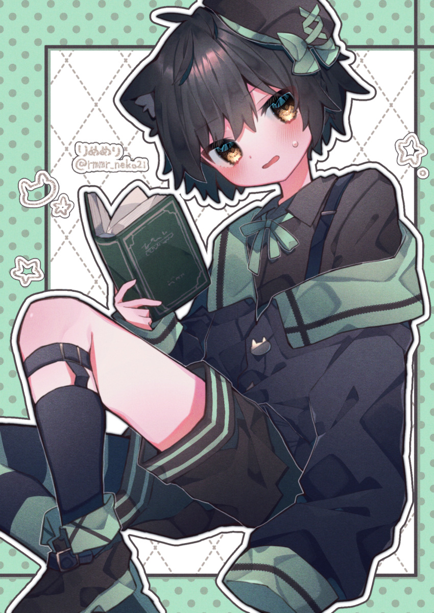 1boy animal_ears asymmetrical_legwear bangs beret black_hair blush book boots cat_boy cat_button cat_ears collared_shirt eringikinono hat hat_ribbon highres holding holding_book knee_up legwear_garter long_sleeves male_focus mismatched_legwear neck_ribbon off_shoulder open_mouth original ribbon shirt short_hair shorts sitting sleeves_past_wrists socks solo striped striped_thighhighs suspenders sweat thighhighs tilted_headwear wavy_mouth yellow_eyes