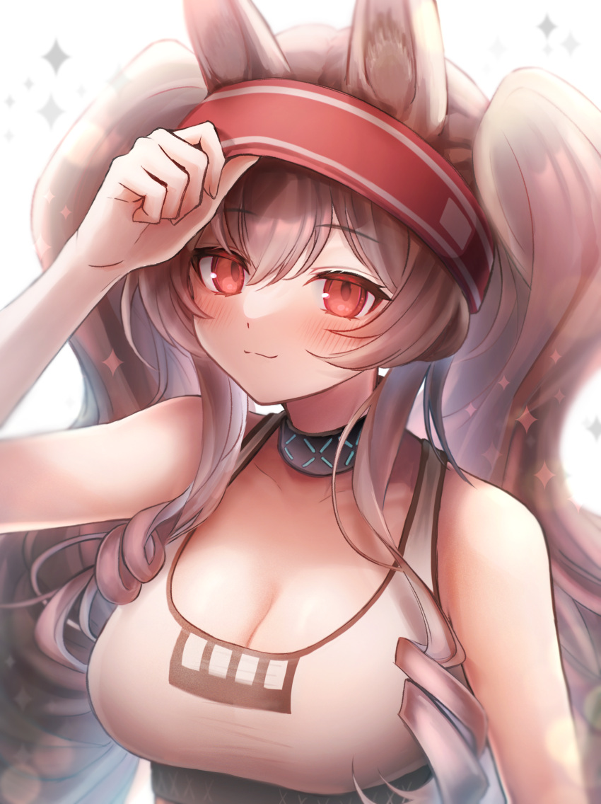 1girl 3_(sanyako1) angelina_(arknights) animal_ears arknights blush breasts brown_hair cleavage closed_mouth collarbone drill_hair hair_between_eyes headband highres infection_monitor_(arknights) large_breasts long_hair looking_at_viewer red_eyes red_headband smile solo twin_drills