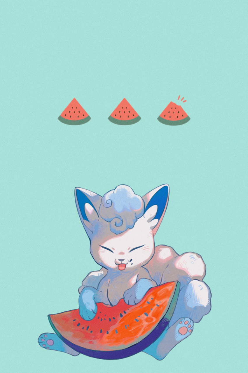 alolan_vulpix closed_eyes commentary_request facing_viewer food food_on_face fruit green_background highres holding no_humans pokemon pokemon_(creature) solo tongue tongue_out watermelon watermelon_seeds watermelon_slice wulie_errr