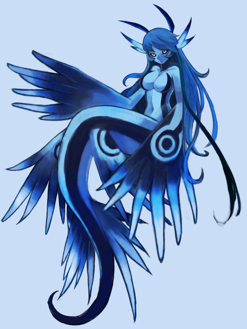 1girl antennae black_sclera blue_background blue_hair blue_pupils blue_skin colored_sclera colored_skin completely_nude fins full_body glaucus_atlanticus hand_up head_fins highres long_hair looking_at_viewer monster_girl no_hands nude original oversized_limbs ruteko_(ruko220) simple_background solo very_long_hair yellow_eyes