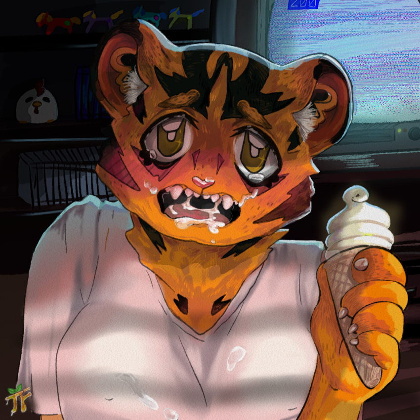 anthro bodily_fluids clothing dessert digital_media_(artwork) embarrassed felid female food genital_fluids ice_cream looking_at_viewer mammal open_mouth pantherine shirt solo t-shirt tangerinefrosting tears tiger topwear