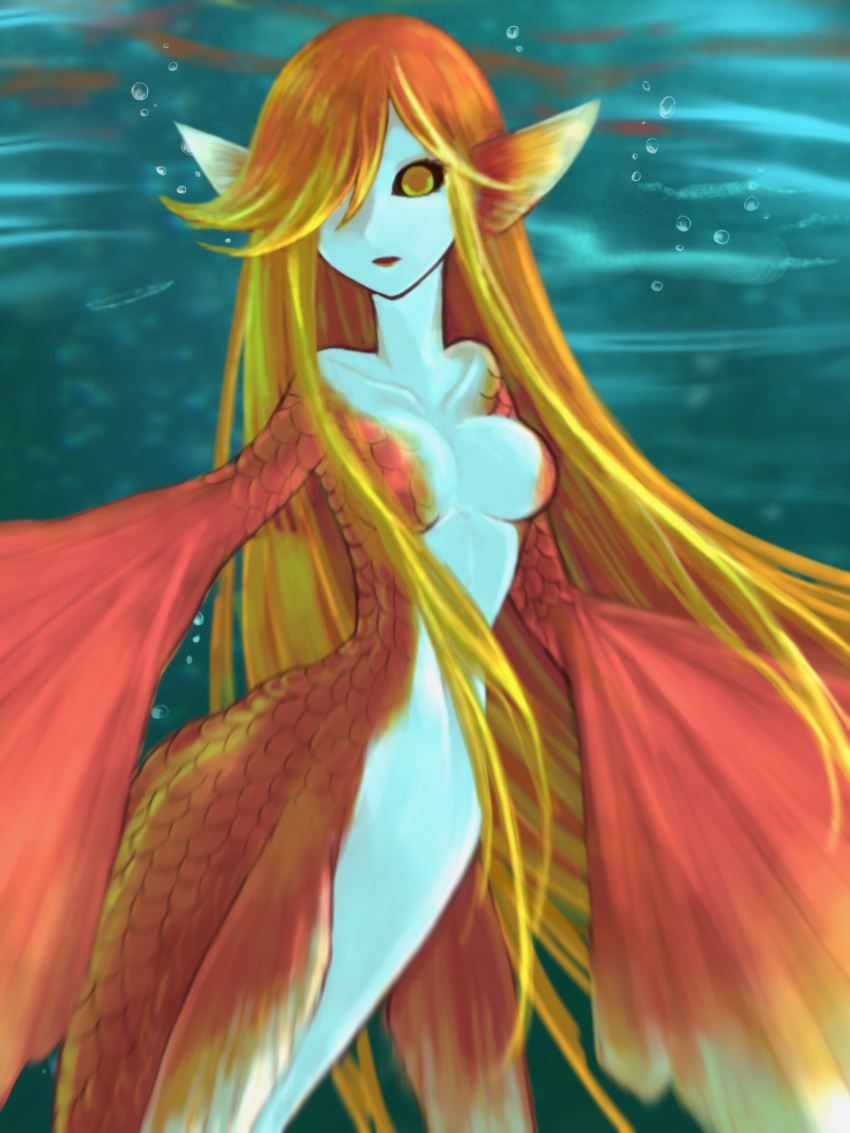 1girl air_bubble black_sclera blonde_hair breasts bubble colored_sclera colored_skin completely_nude fins highres long_hair looking_at_viewer medium_breasts mermaid monster_girl multicolored_hair multicolored_skin nude orange_eyes orange_hair original parted_lips red_skin ruteko_(ruko220) solo streaked_hair two-tone_skin underwater white_skin